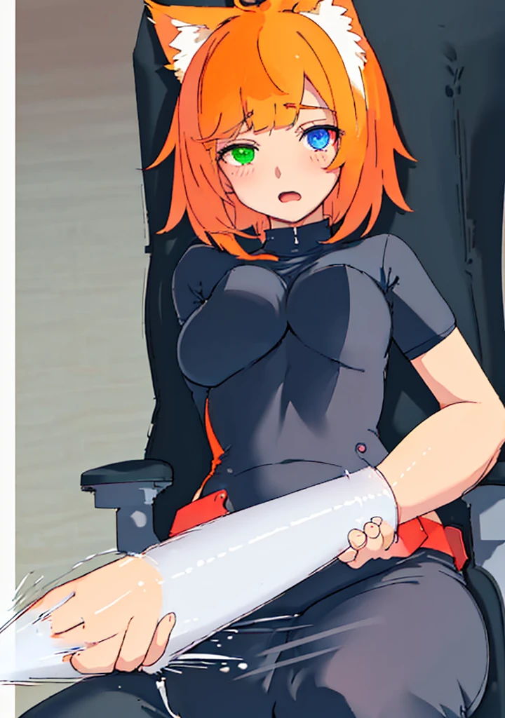 1girl, skinny, medium breast, cat tail and ears, short red-orange fluffy hair, (swept bangs), heterochromia eyes, eye1 blue, eye2 green, black violet plugsuit, half-open eyes, half-open mouth, no smile, blushes, ((masturbation, grabbing own breast, clitoral stimulation)), sits on chair, kitchen, half body