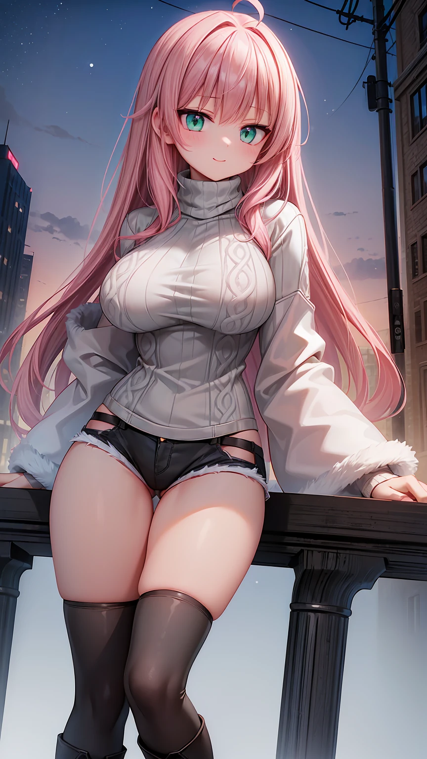 (masterpiece,best quality, detailed,hires:1.4),portrate,1girl,standing,16yo,(solo:1.4),winter city scape,(street:1.3),(big moon,detailed full moon,night sky,fine sky),BREAK,super dericate hair,ahoge,pink hair,long hair,detailed face,(green eyes),beautiful detailed eyes,sparkling eyes,big eyes,tareme,bloom,glowing,glowing skin,huge breast,BREAK,(White fur coat:1.3),BREAK, (gray turtleneck sweater:1.48),BREAK,(denim short shorts:1.2), (black stockings:1.4),(brown long boots:1.2),close up breast,(happy:1.4),blush,(head to crotch,below the knee and feet are out of sight:1.4),from below,