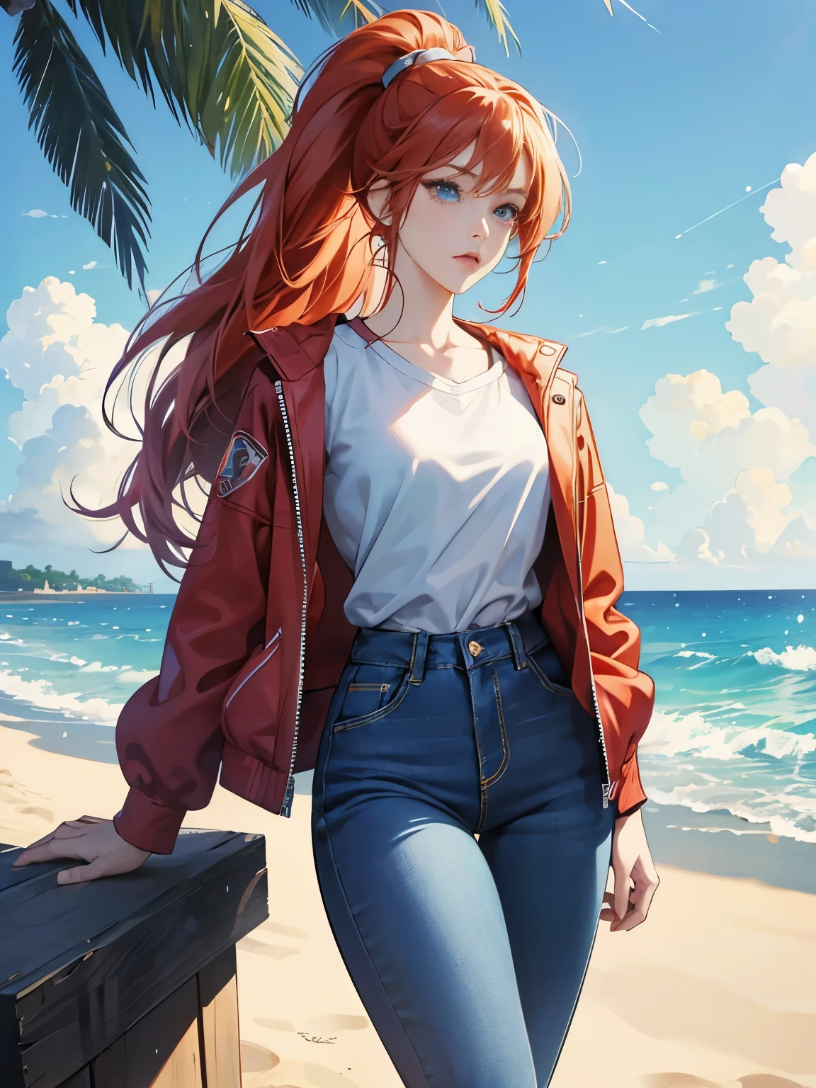 very colorful, pop feel, in.s. west coast, summer image, Palm tree, seaside, anime woman with orange ponytail, Around 25 years old, wearing a jacket, blue jeans, perfect tall model body, cool beauty, it will happen, Anime drawing by Yang J, Trending at Art station, realism, extremely detailed The germ of art, Realistic anime 3D style, anime style 4 k, モデルまin | The germ of art, anime style. 8K, casual clothes, realistic anime art style, style The germ of art, Tsundere girls, sad expression, The end of a summer love, An eternal summer that never fades, sharp outline, highest quality, perfect angle, perfect composition, best shot, official art,CD jacket, 80s city pop, very stylish, Anime girl with red hair and blue jeans standing on the beach, an anime drawing inspired by Ross Tran, pixiv, fantasy art, anime style 4k, realistic anime art style, highly detailed art germ, attractive anime girl, beautiful anime girl, 4k anime wallpaper, anime art wallpaper 4k, anime art wallpaper 4k, anime wallpaper 4k