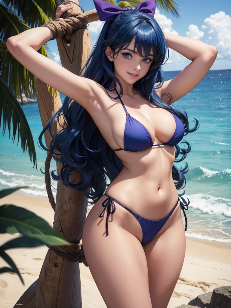 masterpiece, best quality, standing, Daphne Blake, light smile, long hair, wavy hair, bangs, hair between eyes, hair bow, blue eyes, (blue hair:1), black bikini, beach Tits Out, panties pulled down