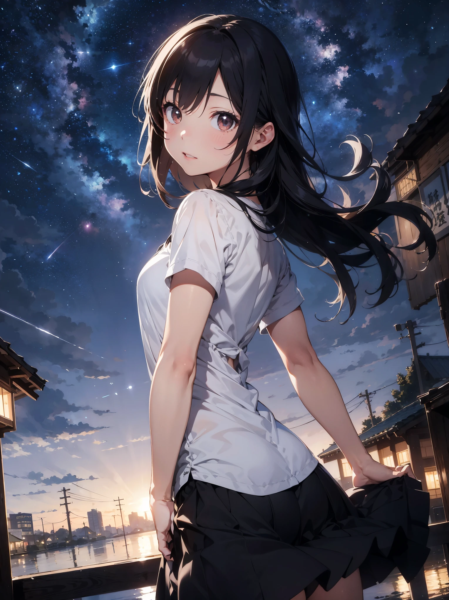 outrageous solution、High resolution、(masterpiece:1.4)、super detailed、floating、超緻密なnight空、performer、milky way、shooting star、meteor、meteor群, night, starry sky, Milky Way, beautiful anime scene, starry sky, night, near sky, solo, outdoor, cloud, hair length, city, silhouette, (highest quality、masterpiece)、1 girl、Super high resolution、solo、japanese woman。Rear view、high school girl、photorealism、light brown straight hair、thin hair、fashionable girl。wearing a white shirt。