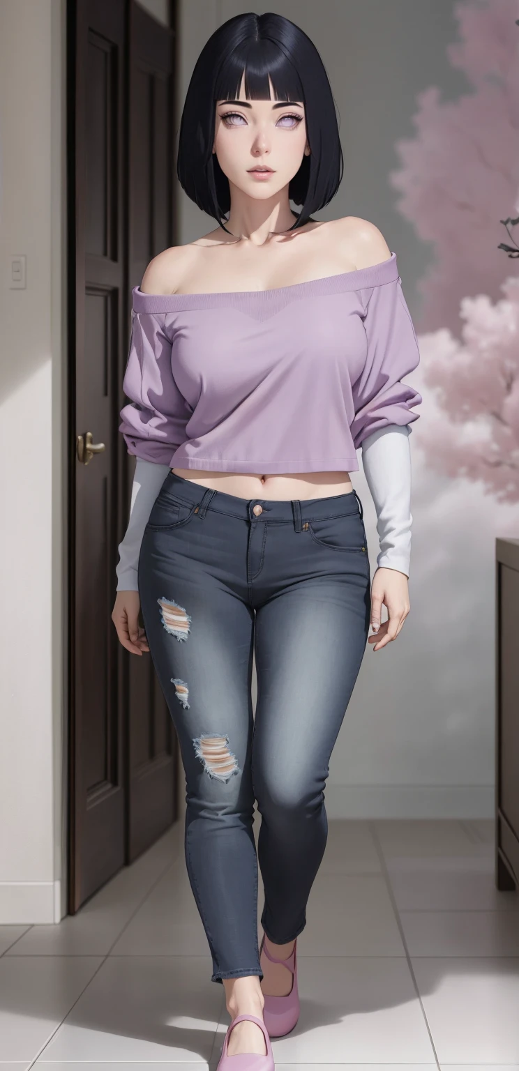 { - anatomy error} (Masterpiece - Ultra-detailed, very high resolution) , absurdos, Hinata\(Boruto\), 1girl, sozinho,Mature female, Capuz roxo,mangas em camadas, jeans, ao ar livre, Cloudy sky, perfect composition, circunstanciado lips, peito grande, beautiful face, body propotion, corar, (pink lips), cabelos pretos curto (black hair), lilac eyes, olhar suave, super realistic, circunstanciado, rosto e corpo realistas, Realistic hair, olhos realistas, nariz realista, realistic lips, anime. Walking on the floor with lilac shoes.