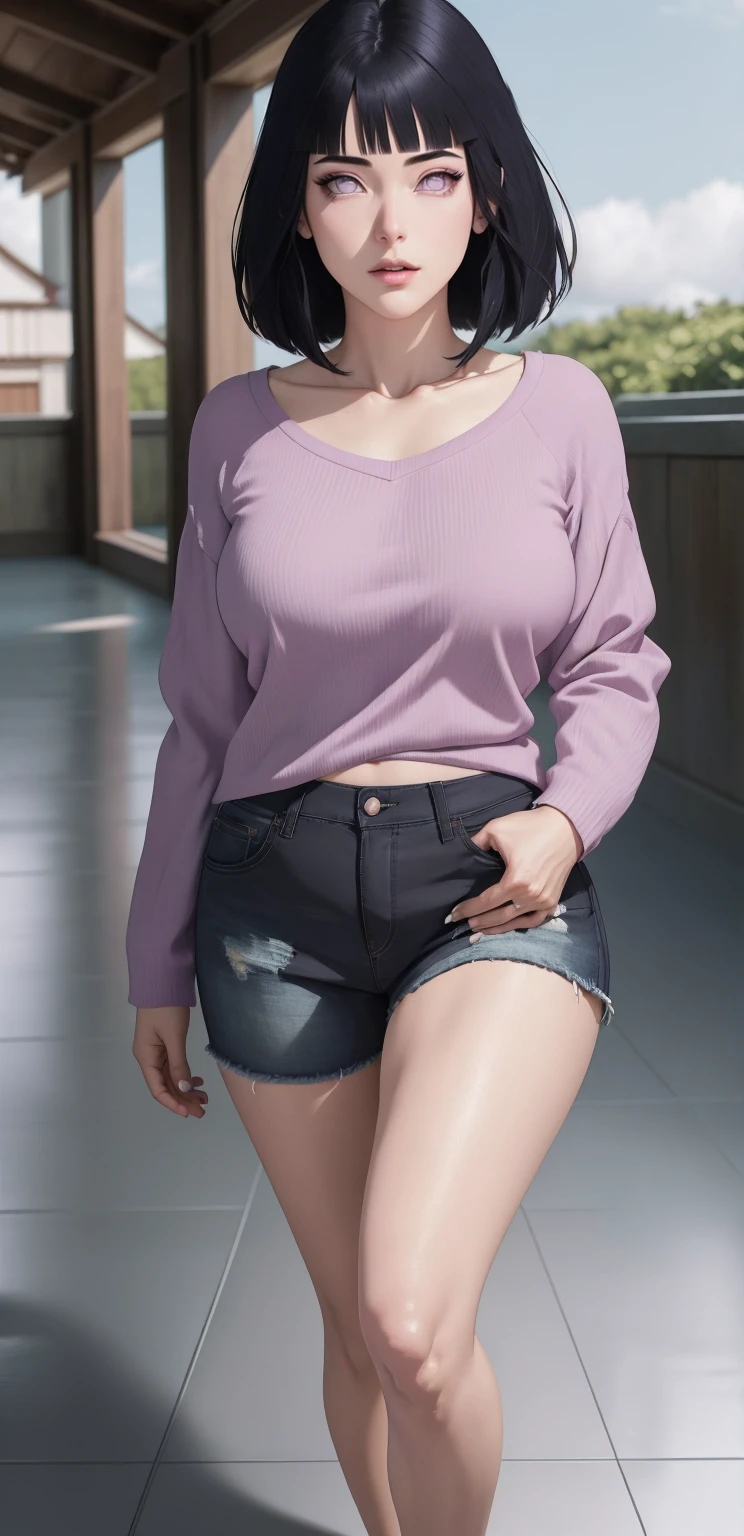 { - anatomy error} (Masterpiece - Ultra-detailed, very high resolution) , absurdos, Hinata\(Boruto\), 1girl, sozinho,Mature female, Capuz roxo,mangas em camadas, jeans, ao ar livre, Cloudy sky, perfect composition, circunstanciado lips, peito grande, beautiful face, body propotion, corar, (pink lips), cabelos pretos curto (black hair), lilac eyes, olhar suave, super realistic, circunstanciado, rosto e corpo realistas, Realistic hair, olhos realistas, nariz realista, realistic lips, anime. Walking on the floor with lilac shoes.