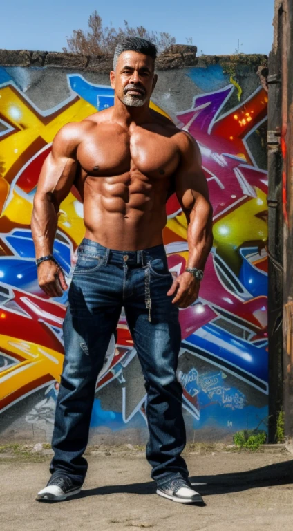 (Highest quality, amazing details: 1.4), masterpiece, original characters, natural volumetric lighting and best shadows, deep depth of field, sharp focus, portrait of mexican man 50 years old incredibly , powerful bodybuilder, full body, attractive, seductive smile,  shirtless, leather pants, (messy painted body: 1.05), (wall background of graffiti murals: 1.15), old industry area, (standing on ruined city streets crosswords: 1.2), picturesque, overexposure, photorealism, photorealistic, nsfw, sexy,, sharp, focused, centered, sensual, HD, 8k, DSLR, RAW  