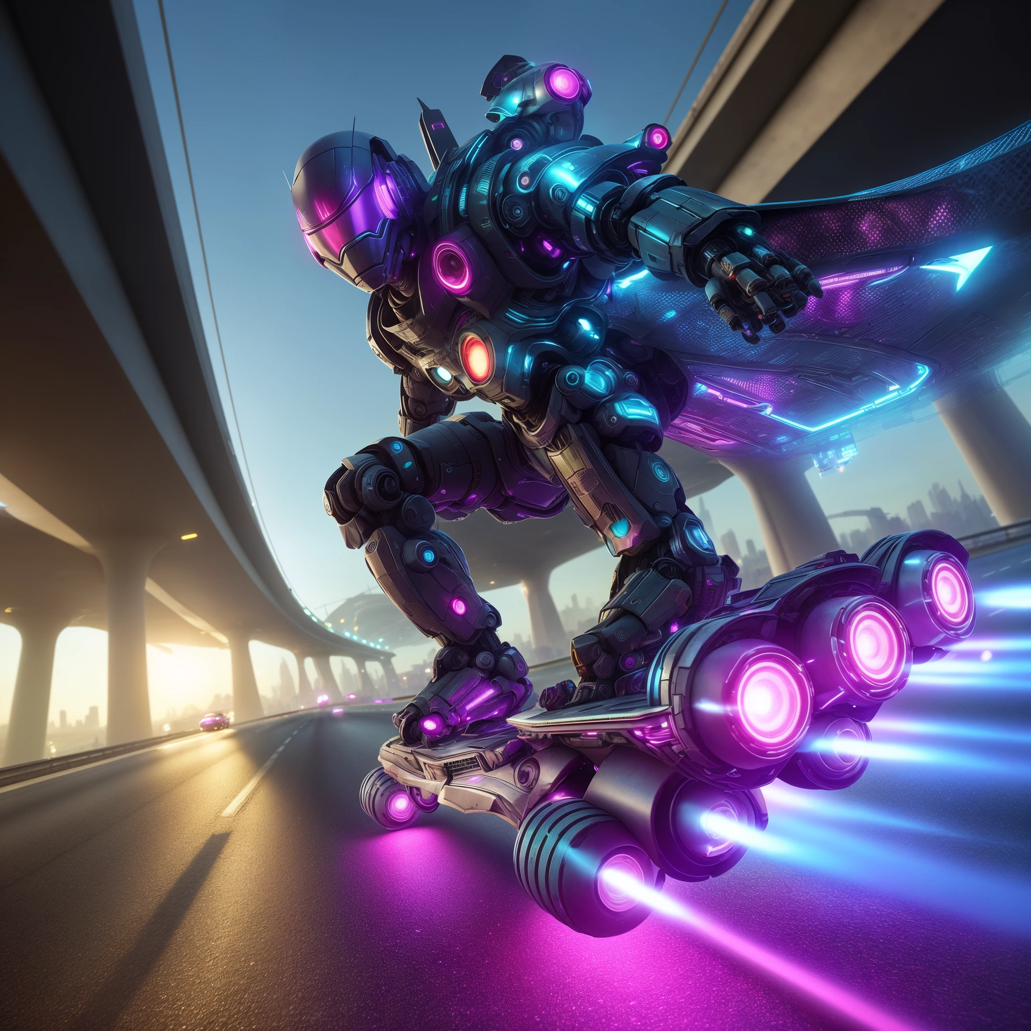 arafed robot riding a skateboard on a highway with a bridge in the background, neon scales and cyborg tech, 8k octane 3d render, aesthetic octane render, fantasy style 8 k octane render, 8 k octane detailed render, hyperealistic octane render, hero pose colorful city lighting, cyber steampunk 8 k 3 d, futuristic. game cg