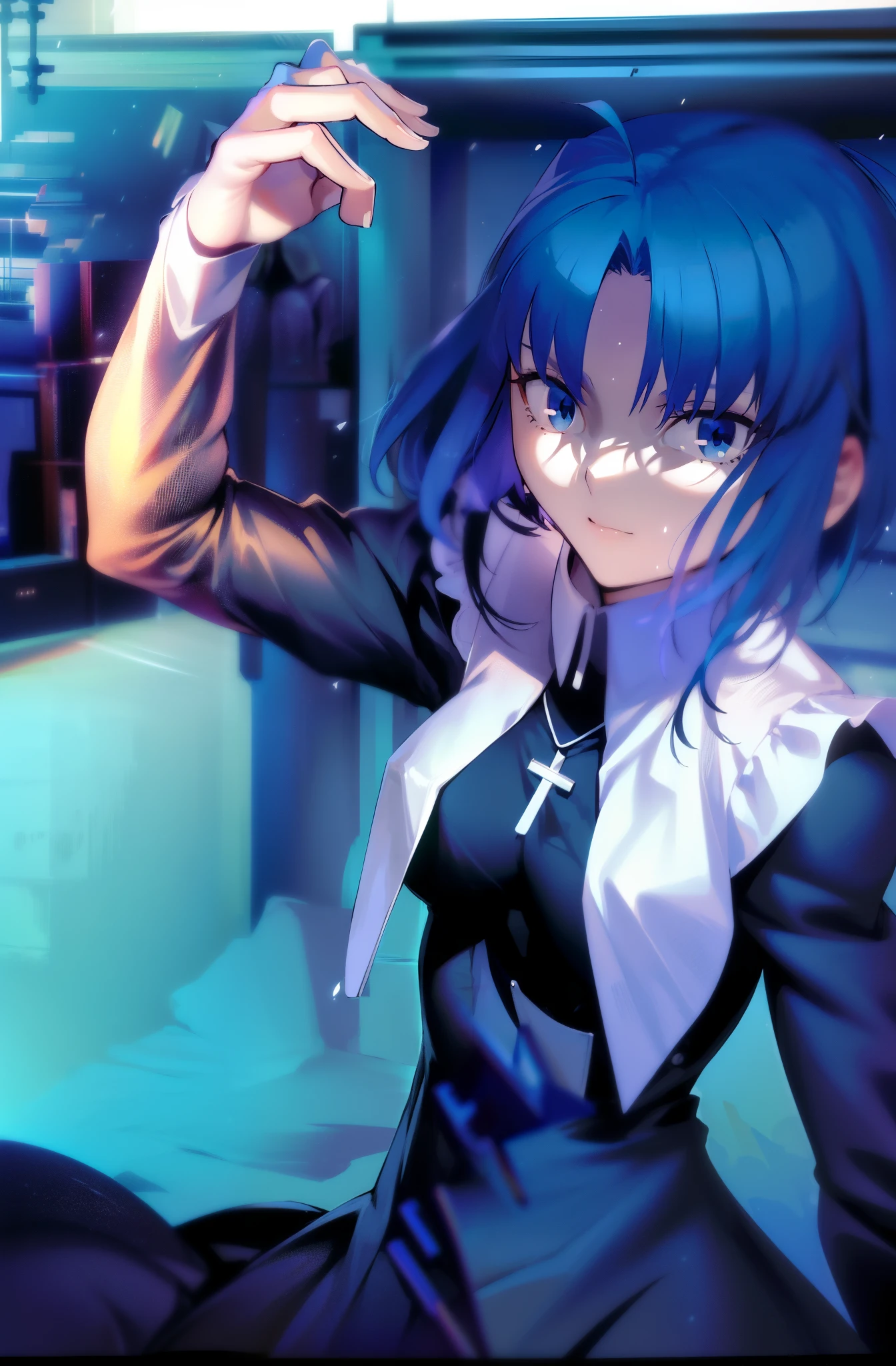 (best quality, 4k, 8k, highres,m asterpiece:1.2), (ultra-detailed:1.5), ciel_(tsukihime), (long sleeves black dress:1.4)