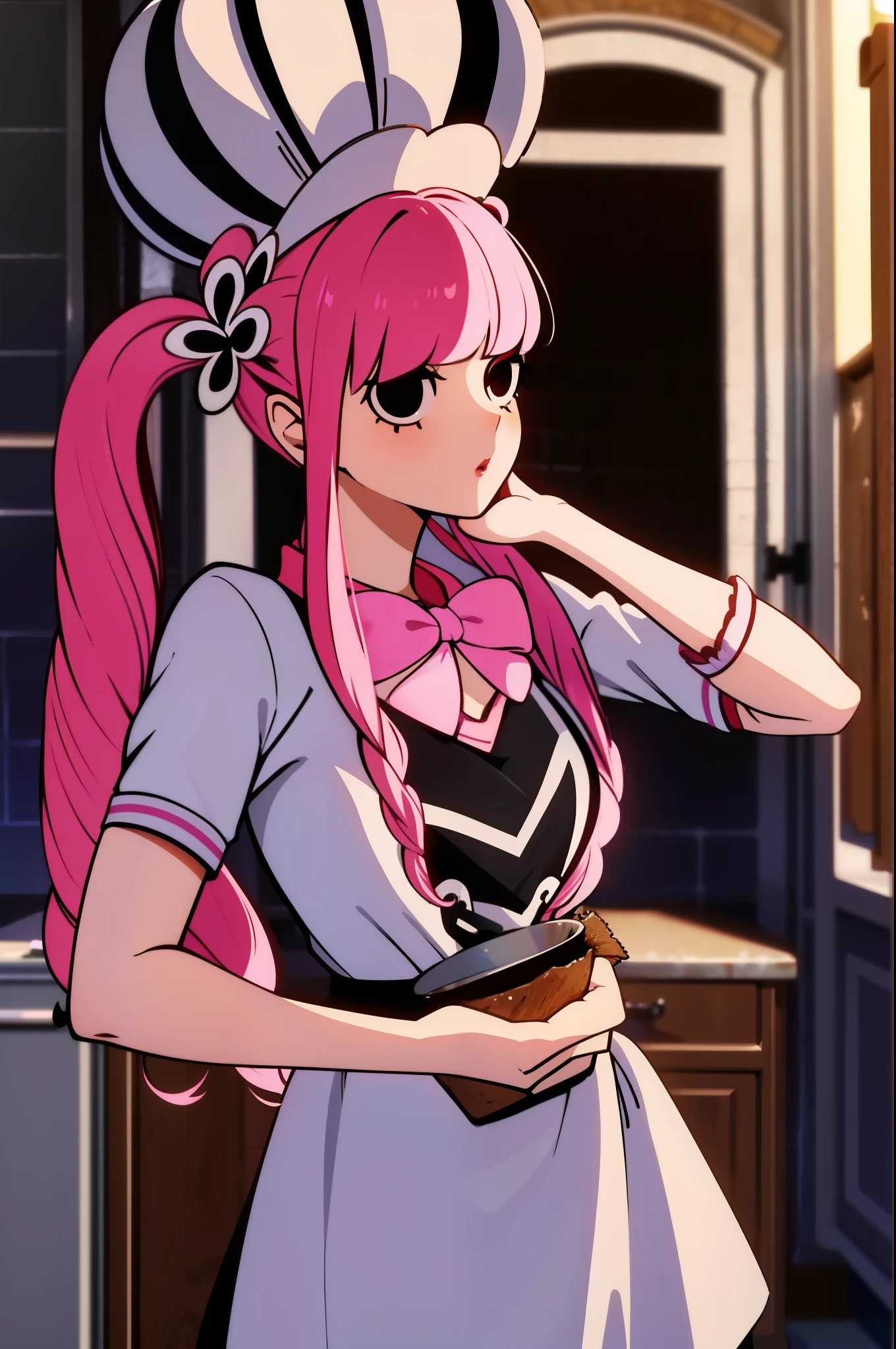 masterpiece, highest quality, 8K, ultra high resolution, highest quality, anime style, best writing, beautiful face, Peronaちゃん, cheems_Perona_V3, pink hair, black eye, long eyelashes, dull bangs, drill hair, red lipstick, twin tails,(Chef uniform:1.3), (Chef hat:1.3), perfect anatomy, alone, Upper body, (castle kitchen:1.3), ghost, In the middle of the meal