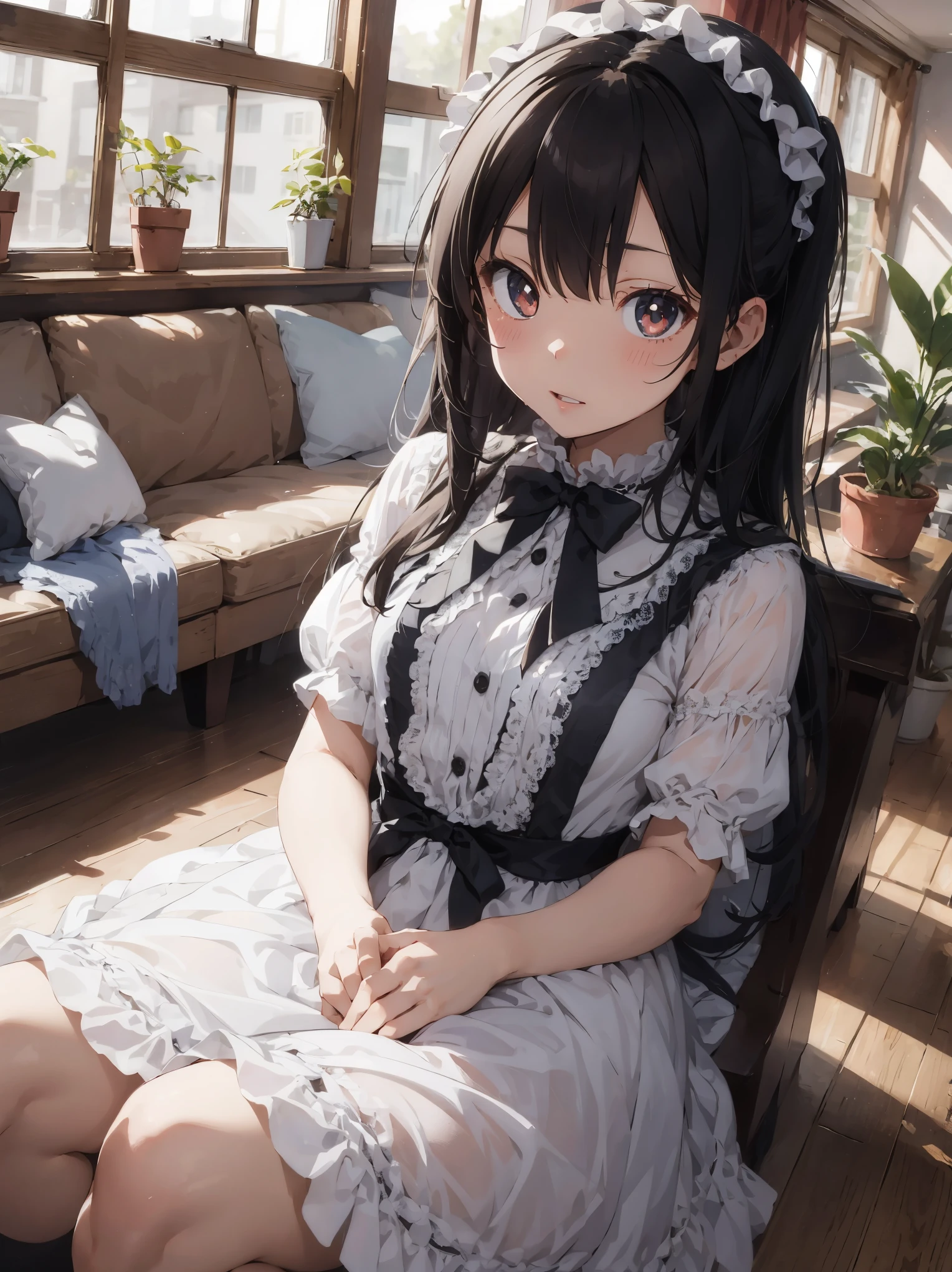 ((highest quality, masterpiece)), ((style swirl magic):0.2),
1 girl, lolita_dress , mansion , living room, Plants by the window, embarrassing (constricted pupils, Small pupils), blush , open your mouth,