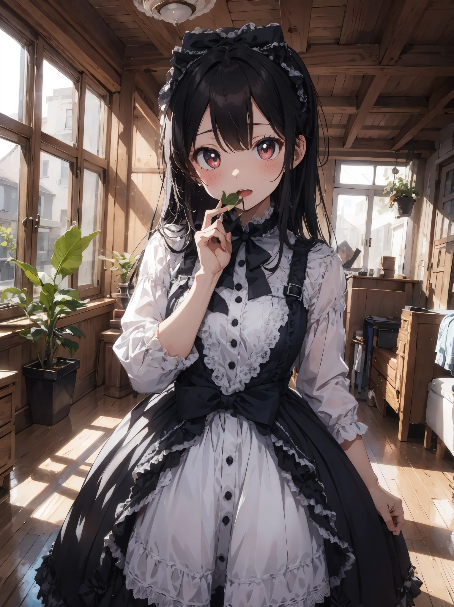 ((highest quality, masterpiece)), ((style swirl magic):0.2),
1 girl, ta_dress , mansion , living room, Plants by the window, embarrassing (constricted pupils, Small pupils), blush , open your mouth,