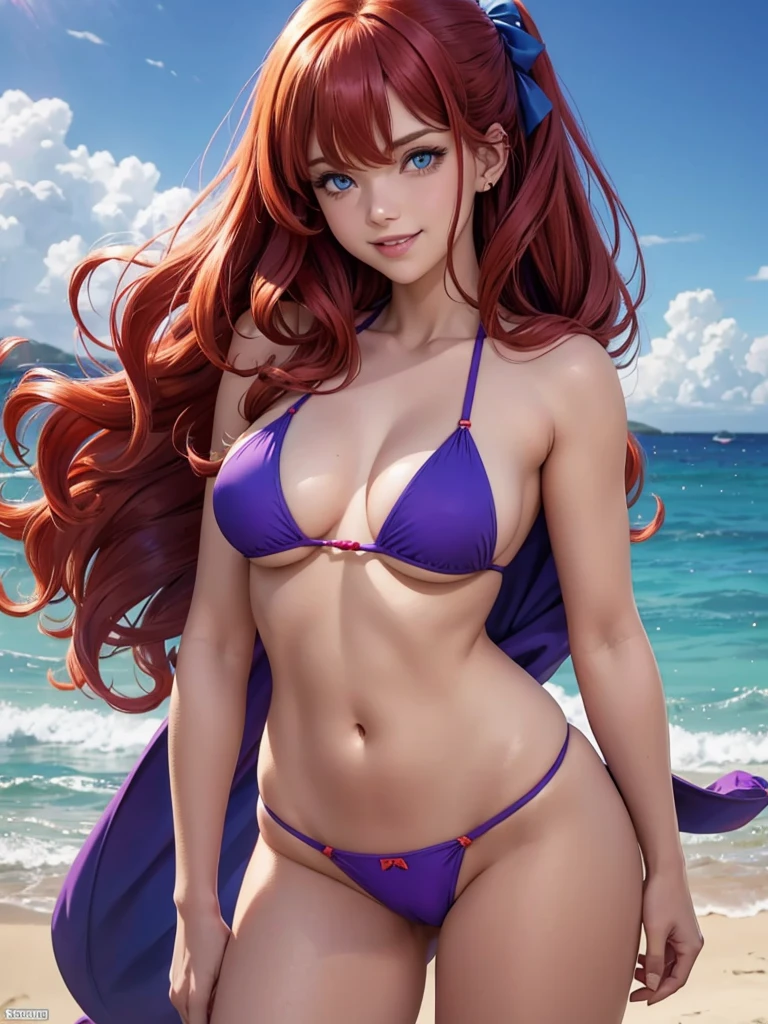 masterpiece, best quality, standing, Daphne Blake, light smile, long red hair, Nude, wavy hair, bangs, hair between eyes, hair bow, blue eyes, (blue hair:1), Purple bikini, beach, Bare breastss Out, panties pulled down pussy shot,