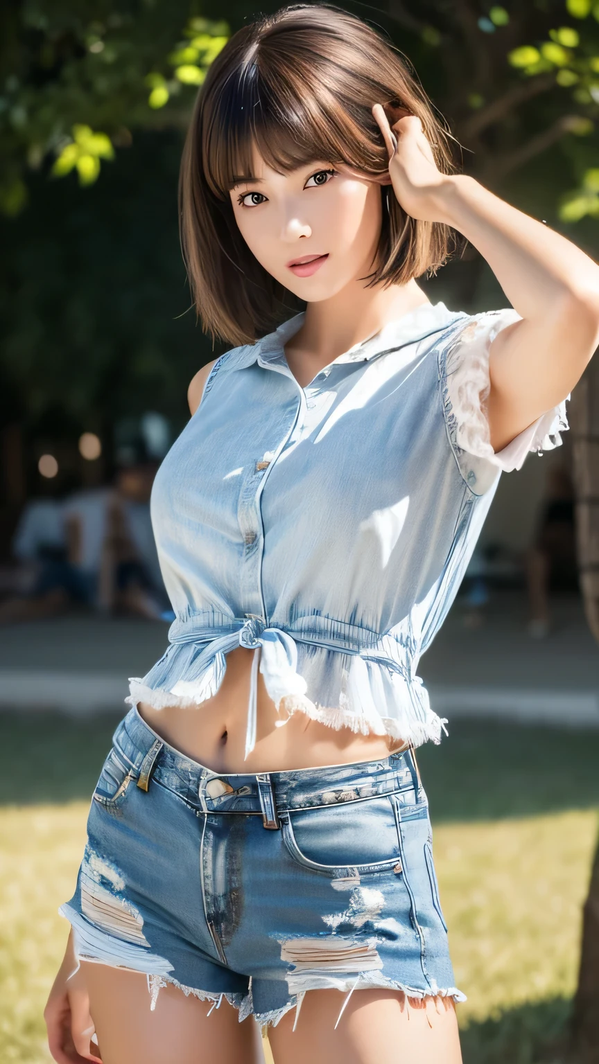 kasumi, eyes browns, (best qualityer, ultra detail), (realisitic:1.37), beautiful and detailed face, ultra-realisitic texture, Exquisite face, Delicate body, red lipgloss stick, shiny colors. High definition, 8k, expression a slight cute smile
