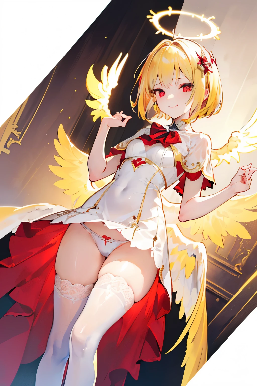 (((1girl))), ((best quality)), ((masterpiece)), ((ultra-detailed)), (illustration), (detailed light), (an extremely delicate and beautiful), (beautiful detailed eyes), (sunlight), ((extremely light)),  ((extremely clothes)), (((hyper detail))),

(((extra beautiful and elegant white clothes))),
((angel)), (((angel wings))), (((angel halo))),

wavy manish bob, ((((yellow blond hair)))),  (((short hair))),
((((deep red eyes)))), 

(((whole body))), aged 13 to 16, 
(((condescending expression))), ((mischievous smile with sexual satisfaction)),  (((extra adorable))), (((extra slender shape))), 
(((extremely beautiful detailed face))),

((floating on the magic circle)), ((erotic eyes with sexual satisfaction)),

((exposed silky white panties)), ((())), 
(((((Dutch angle))))),  
(((extremely thin thighs))), (((dark brown long stockings))),