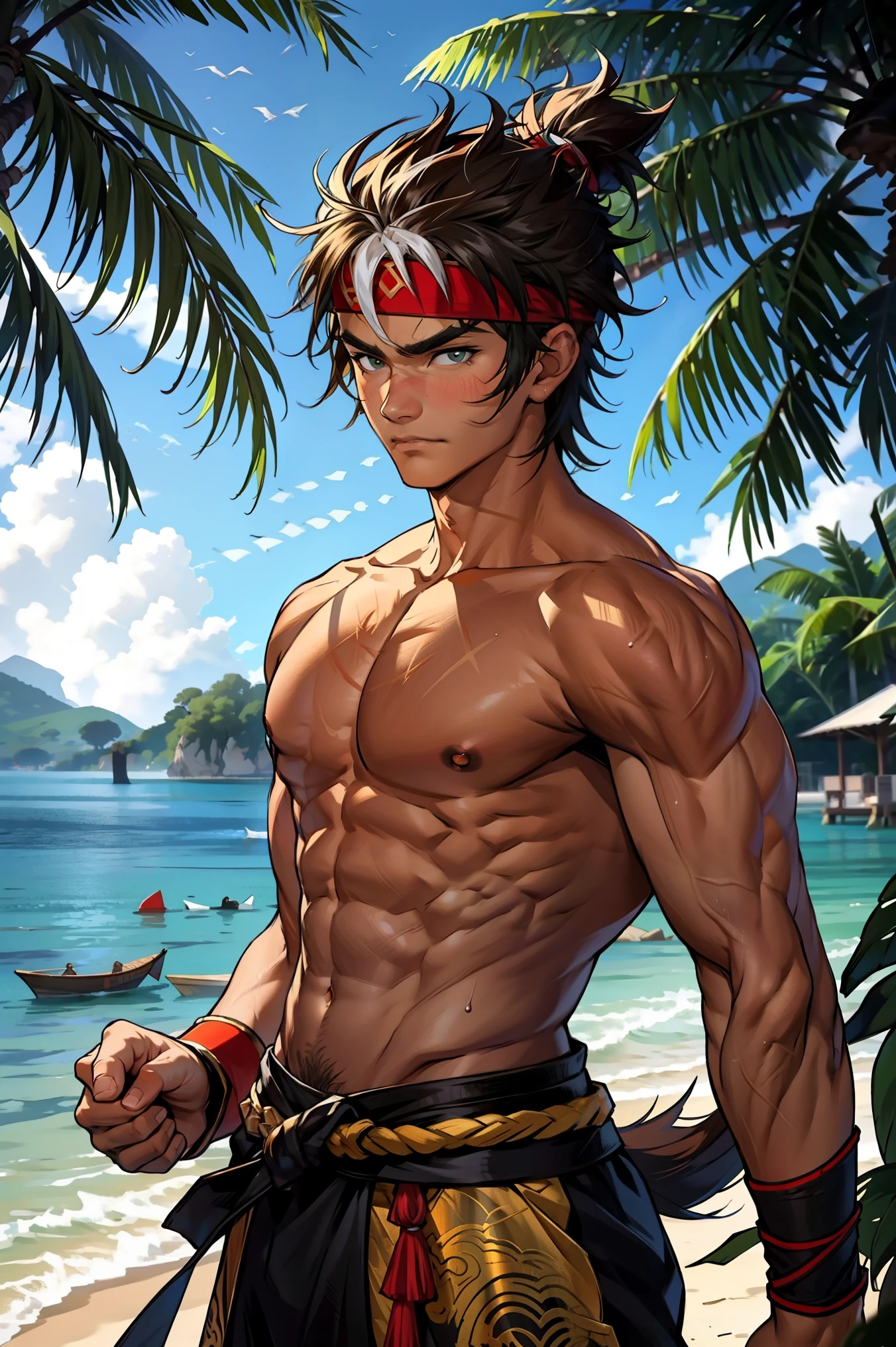 (Masterpiece, Best quality 16 year old boy,Shota), solo, Young, boy, Dark Short hair, full bodyesbian, Shirtless, babyface, topless, green headband, Vivid colors,(Depth of field:1.2),(Abs), view the viewer, black wristband, closed mouth, serious, topless male, pale tanned skin , Man with martial arts stance, epic kung fu pose,