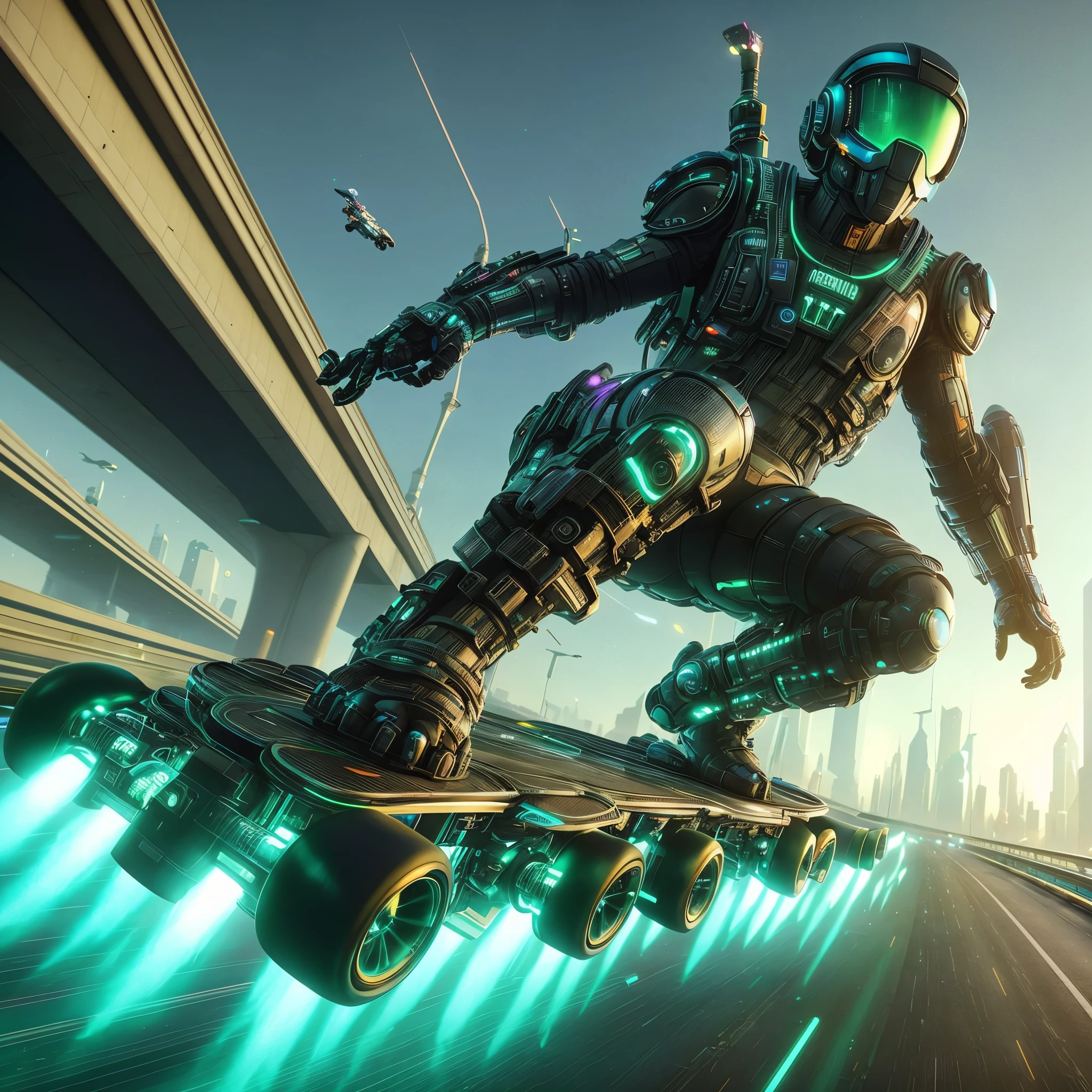 arafed man riding a skateboard on a highway with a futuristic city in the background, beeple. octane render, octane cgsociety, greg rutkowski octane render, dan mumford. 8 k octane render, beeple and mike winkelmann, hyperealistic octane render, aesthetic octane render, beeple and tim hildebrandt, beeple style