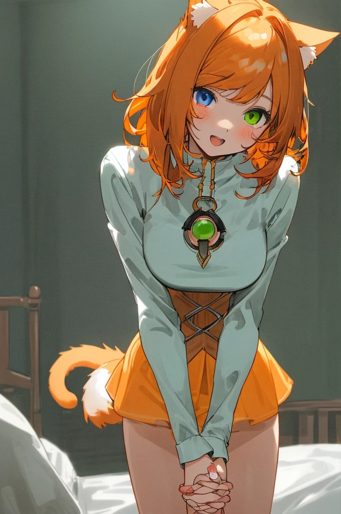 1girl, (pov), skinny, medium breast, cat tail and ears, short red-orange fluffy hair, (swept bangs), heterochromia eyes, eye1 blue, eye2 green, half-open mouth, no smile, cowgirl position, blood in pussy, vaginal sex, pubic hair, (bent down), ((holding hands, interlocked fingers)), naked, bedroom, night