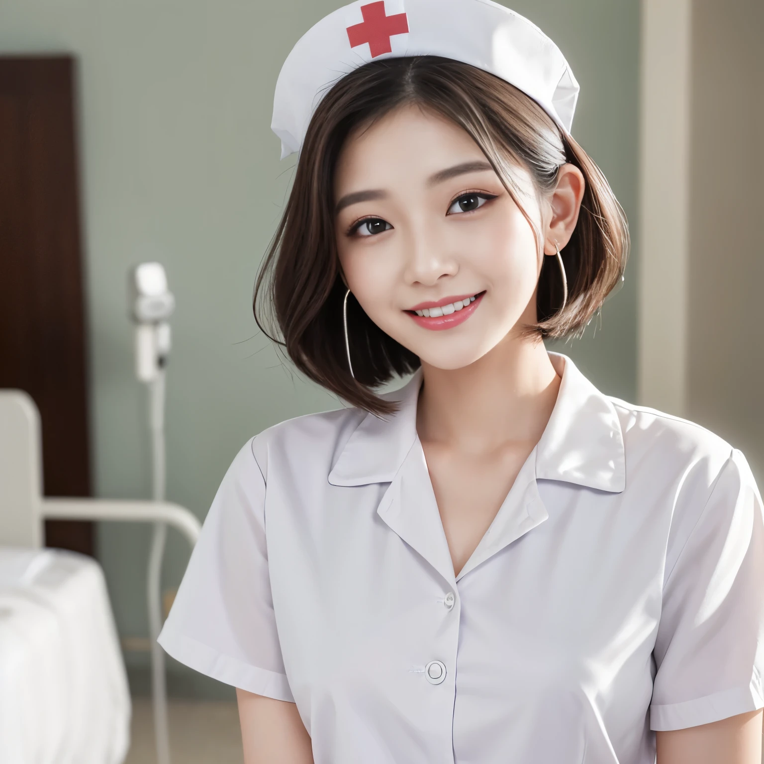 (highest quality、table top、8K、best image quality、Awards、hyper realism)、(very young 10 year old nurse girl:1.3)、(plain white nurse cap:1.1)、(plain white nurse coat:1.1)、White inner、(Large bulging chest:1.2)、The background is a hospital room、The perfect hospital room with the most natural layout、(standing elegantly:1.1)、full body photo、accurate anatomy、smile looking at me、perfect makeup、lipstick、eye shadow、long eyelashes、Beautiful glossy plump lips、Very bright、white beautiful teeth、The most beautiful fair skin with a glossy glow