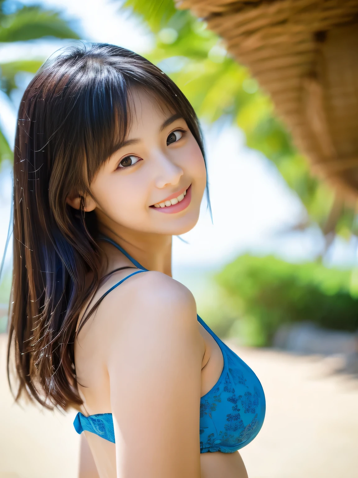 (8k wallpaper, masterpiece:1.5, highest quality, Super detailed), 17 years old, beauty, beautiful and cute woman, perfect anatomy、beautiful limbs, baby doll, highly exposed, japan high school, beautiful skin, enchanting smile, thick lips, thin、 blush, Distract your gaze,bob, cleavage, Plump、Curvaceous、huge hips、attractive face、naughty face, beautiful body, big ass,model、gravure、beach、summer、blue sky、Wind、sun、Photographed by the best experts、