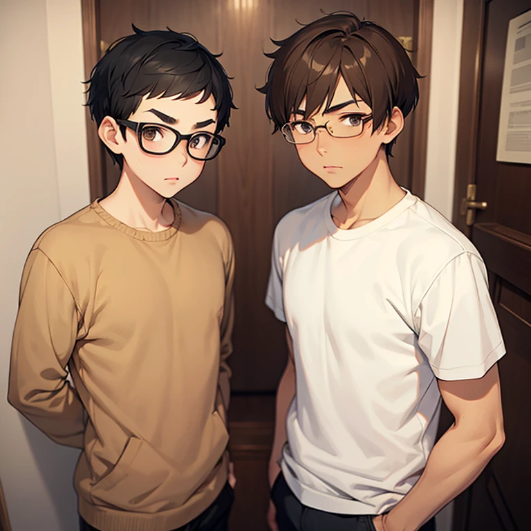 very short hair, brown hair, light skin, 1 boy, man, average physique, short hair, beige eyes, short eyebrows, very short eyebrows, thick eyebrows, casual clothing, glasses, young, anime