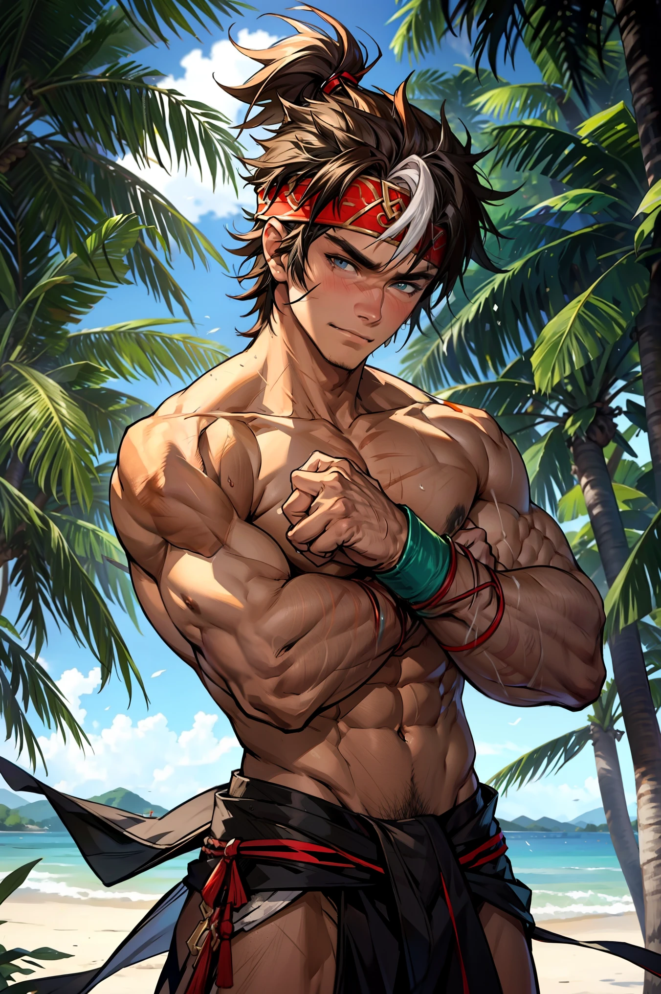 (Masterpiece, Best quality 16 year old boy,Shota), solo, Young, boy, Dark Short hair, full bodyesbian, Shirtless, babyface, topless, green headband, Vivid colors,(Depth of field:1.2),(Abs), view the viewer, black wristband, closed mouth, serious, topless male, pale tanned skin with tight muscler body, Man with martial arts stance, epic kung fu pose,