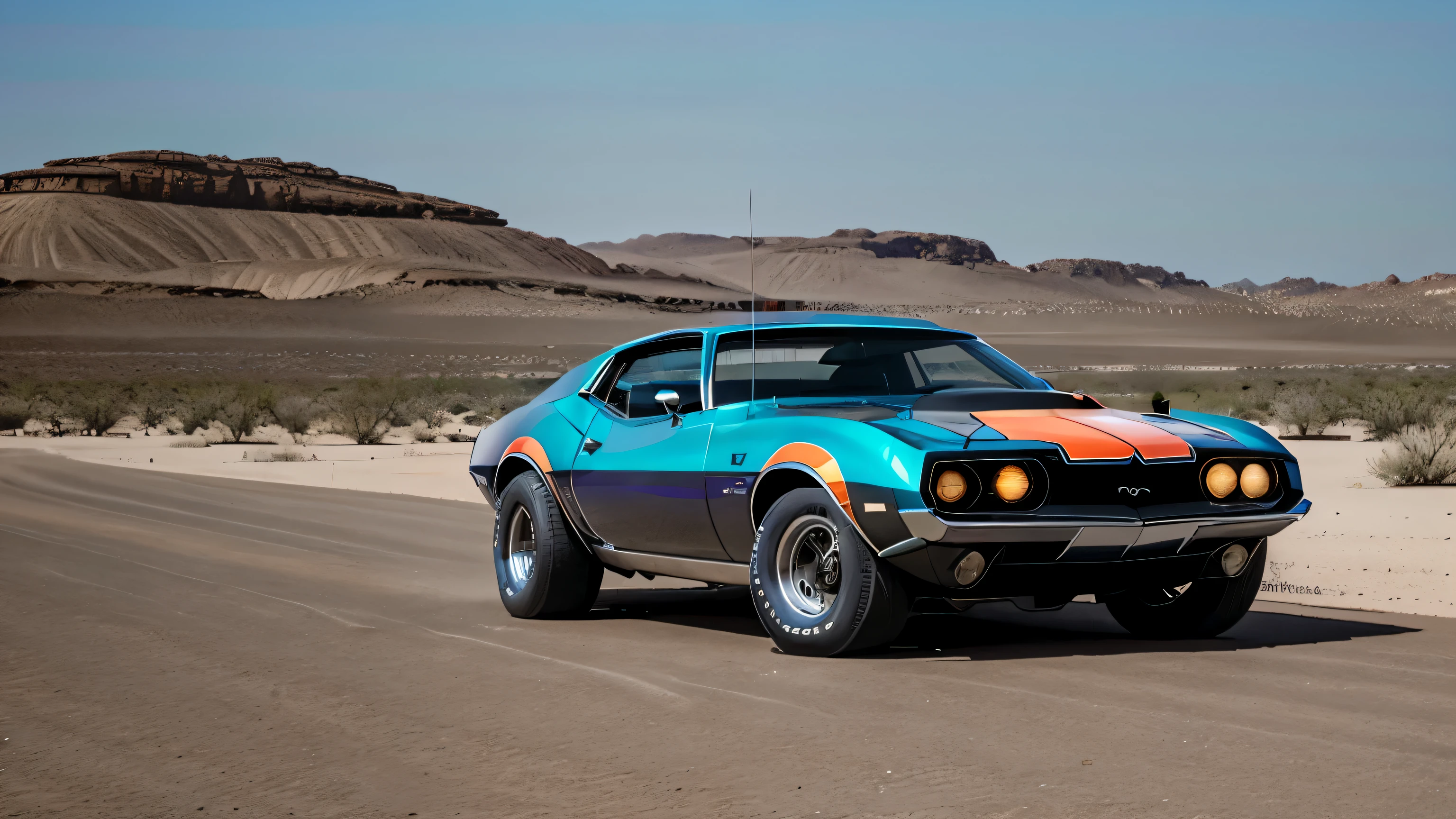 Desert setting with 70's camero with police lights