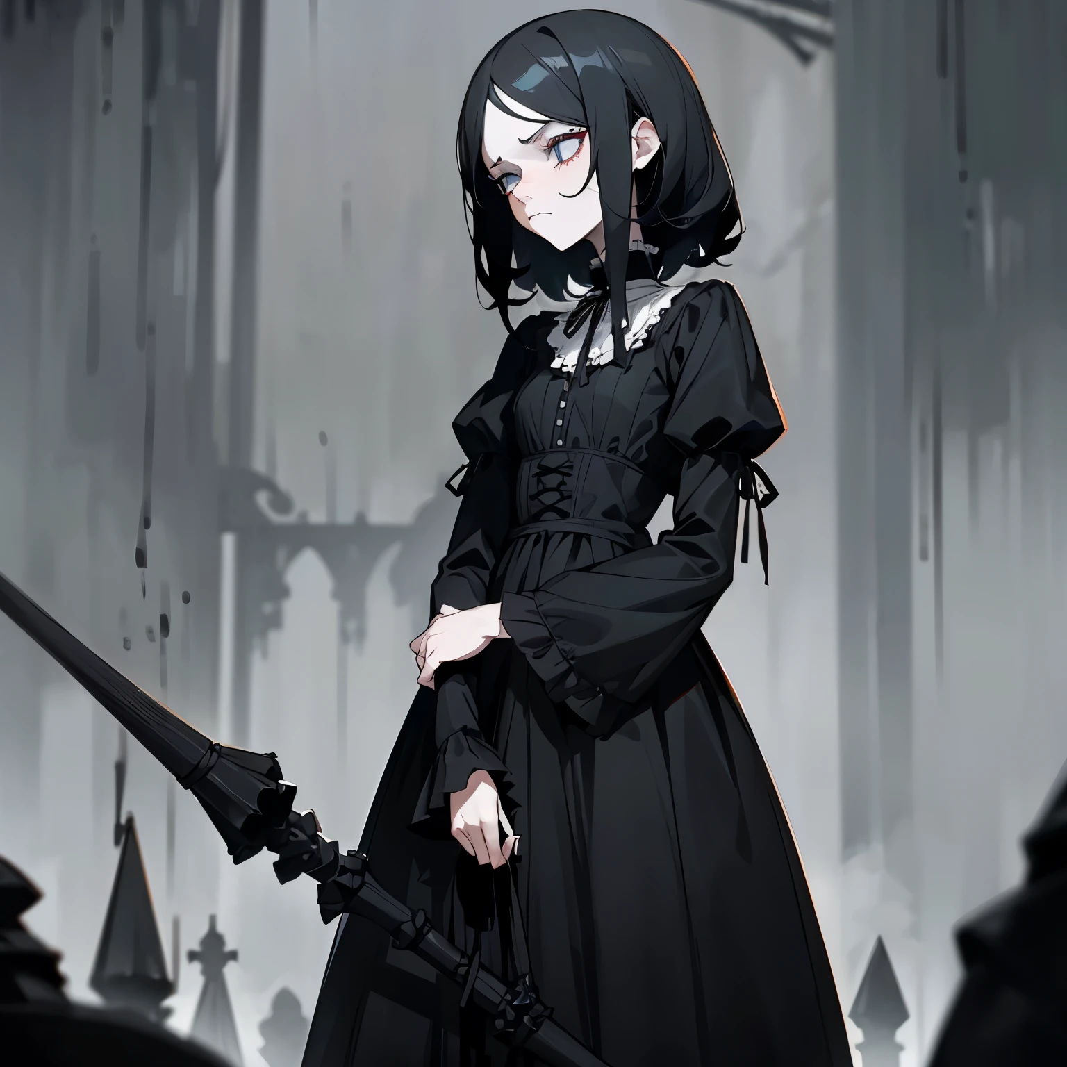 porcelain skin, goth girl carrying a black umbrellla, frowning, pure black dress, very simple dress, very tall, skinny, lanky limbs, long black hair, tiny black pupils, dark circles under eyes, tired eyes, sleepy eyes, dready, gothic, grey dreary background, rainy, broken down victorian house in background, big empty field background, high quality face, standing straight, black and white stripes, tim burton, disdain