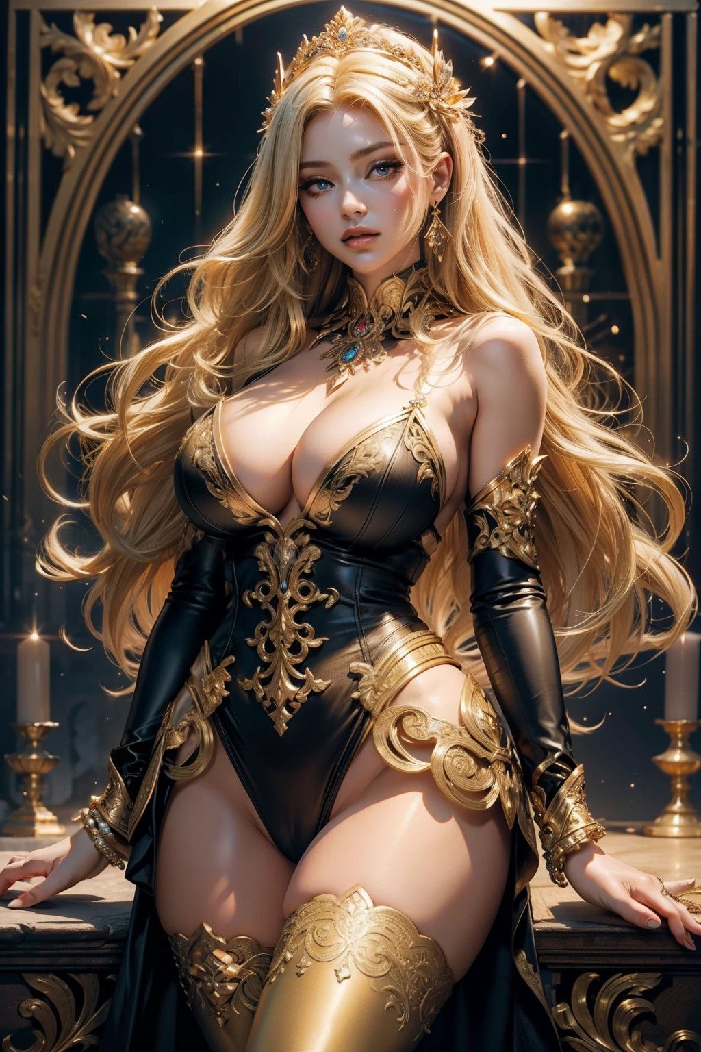 (Top Quality, 16k), Goddess figure, Blonde beauty with golden locks, Gigantic breasts that cascade down her chest, Deep cleavage accentuated by intricately designed jewelry, Small waist that accentuates the curves, Thigh-high stockings that perfectly emphasize her long, lean legs.

Intricately detailed goddess figure, Blonde beauty with radiant golden hair, Gigantic breasts that spill over with an ultra-fine description, Deep cleavage accentuated by jewelry that shimmers with extreme attention to detail, Small waist that cinches in her curves, Thigh-high stockings with detailed texture and seamless transitions.

(