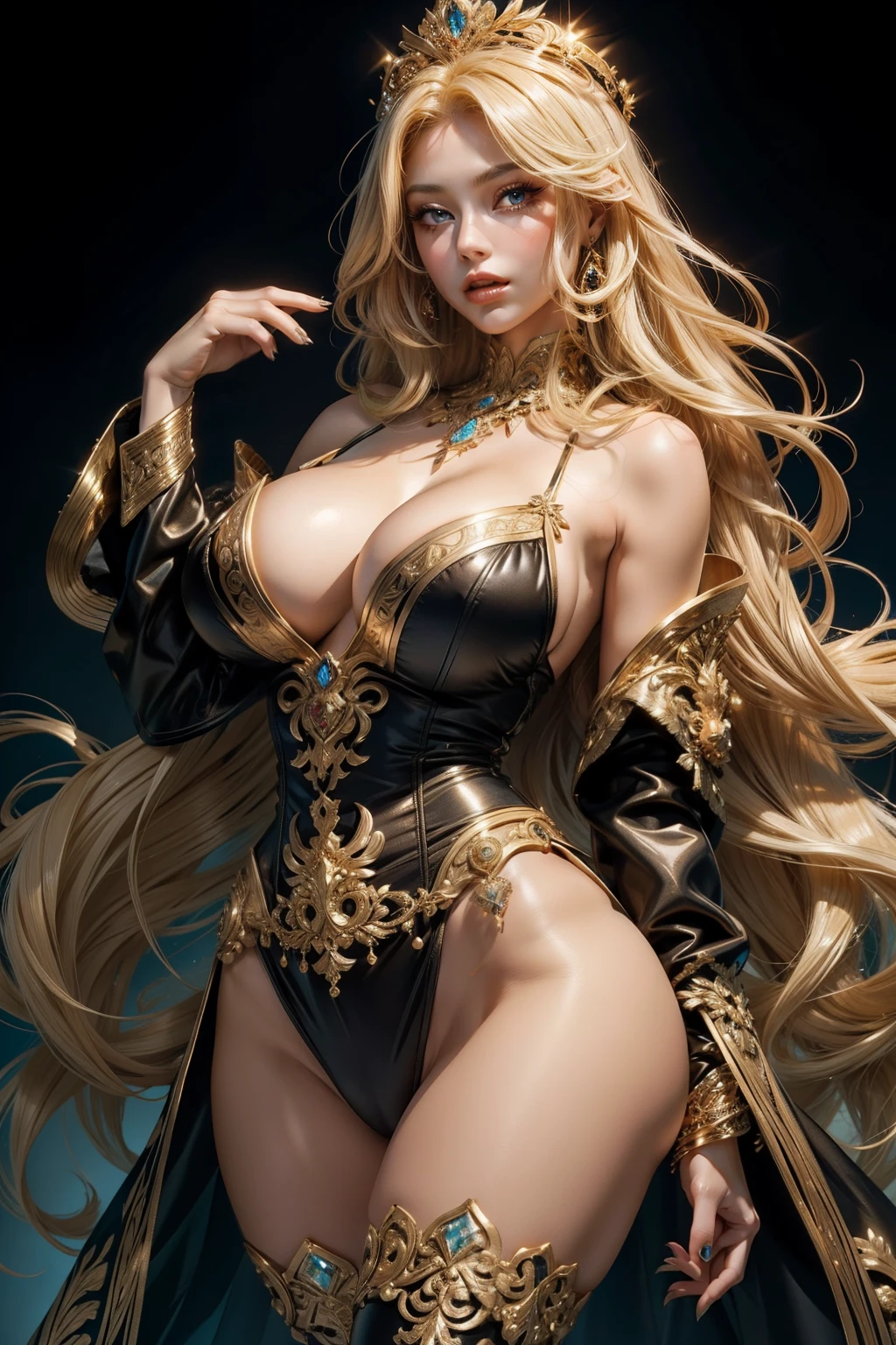 (Top Quality, 16k), Goddess figure, Blonde beauty with golden locks, Gigantic breasts that cascade down her chest, Deep cleavage accentuated by intricately designed jewelry, Small waist that accentuates the curves, Thigh-high stockings that perfectly emphasize her long, lean legs.
Intricately detailed goddess figure, Blonde beauty with radiant golden hair, Gigantic breasts that spill over with an ultra-fine description, Deep cleavage accentuated by jewelry that shimmers with extreme attention to detail, Small waist that cinches in her curves, Thigh-high stockings with detailed texture and seamless transitions.
(