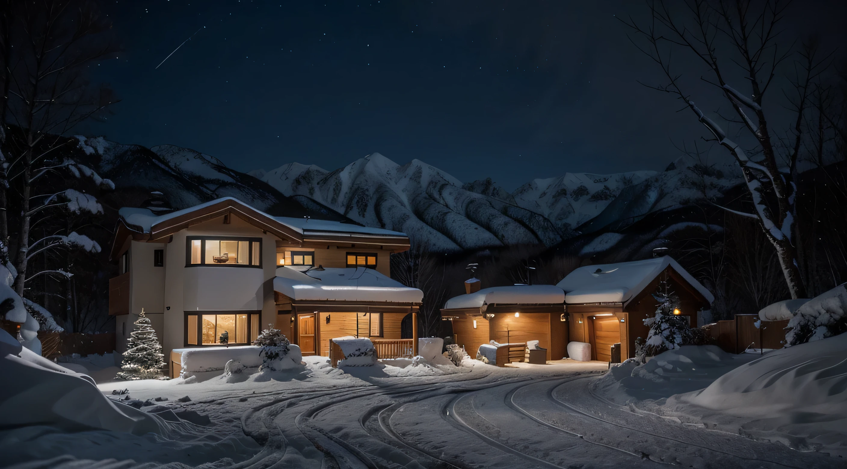 A winter night scene in a mountainous area, when modern houses are blanketed in snow. The warm lights from the window make the inside feel cozy. This different from the cold, blue snow outside. The dark night sky and surroundings make the houses lights stand out. You can tell people are around because of the lights and the paths in the snow.