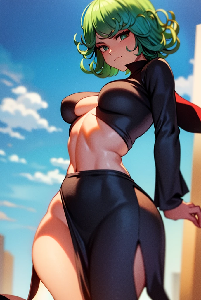 Tatsumaki, [white-skinned woman:1.2, long curly hair:1.2, deep v dress, snub-nosed, bright green eyes], portrait, VSCO filter: C8), milf, old woman, green hair, (( black deep v dress, plunging neckline, breast curtains, Revealing clothes,  flushed, smile coqueta, green eyes)) ,  (( flushed, smile, oiled skin)),  Green hair, (( wide hips, thick thighs, big butt,)), skinny body, (( small breast)),  long legs, open legs, abs, muscle, (( muscle girl)), Iparuputsua, standing, (( de pie )), on the street at night, city lights in the distance, people around, Tokio, 