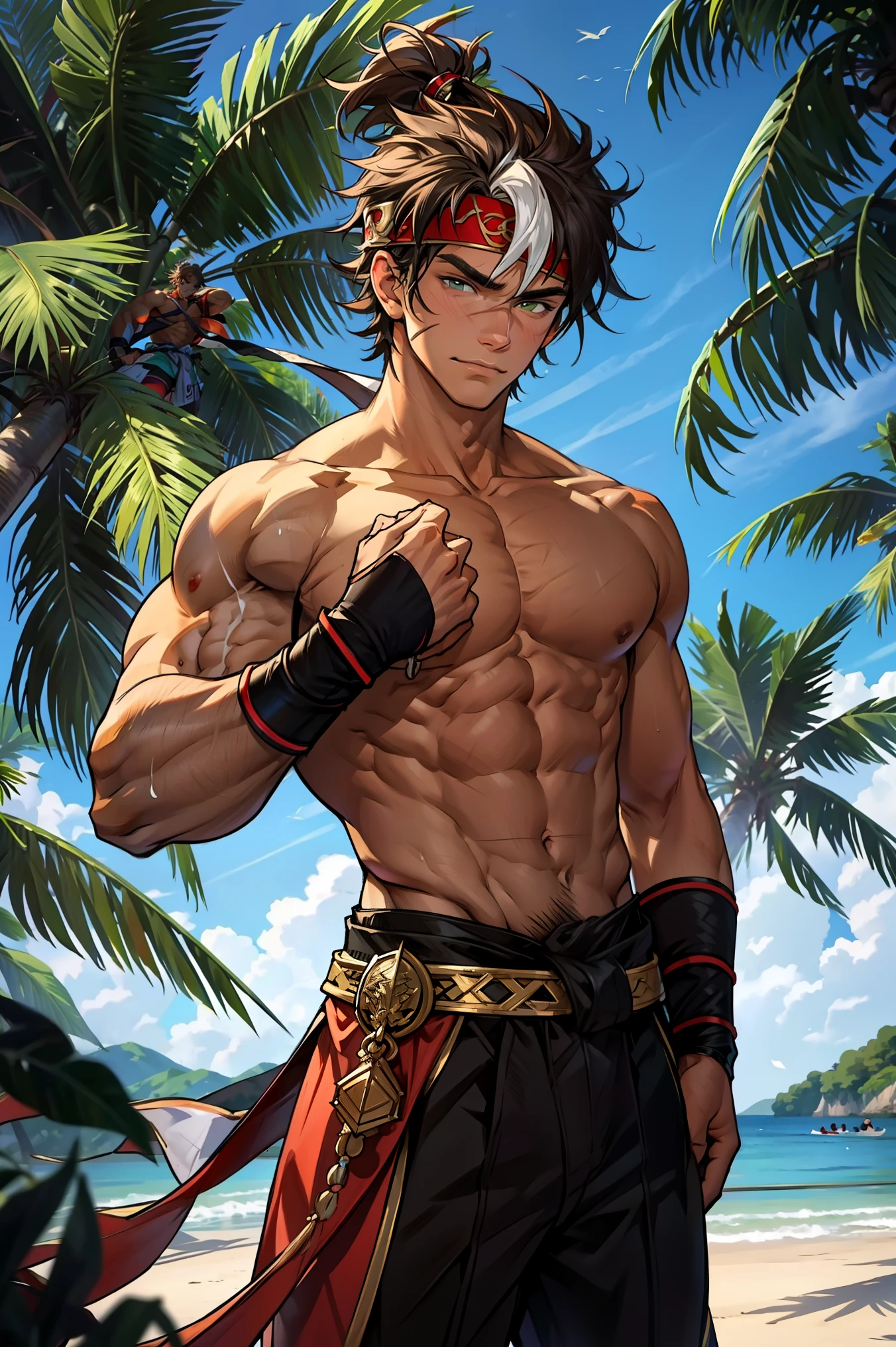 (Masterpiece, Best quality boy,Shota), solo, Young, boy, Dark Short hair, full bodyesbian, Shirtless, babyface, topless, green headband, Vivid colors,(Depth of field:1.2),(Abs), view the viewer, black wristband, closed mouth, serious, topless male, pale tanned skin with tight muscler body, Man with martial arts stance, epic kung fu pose,