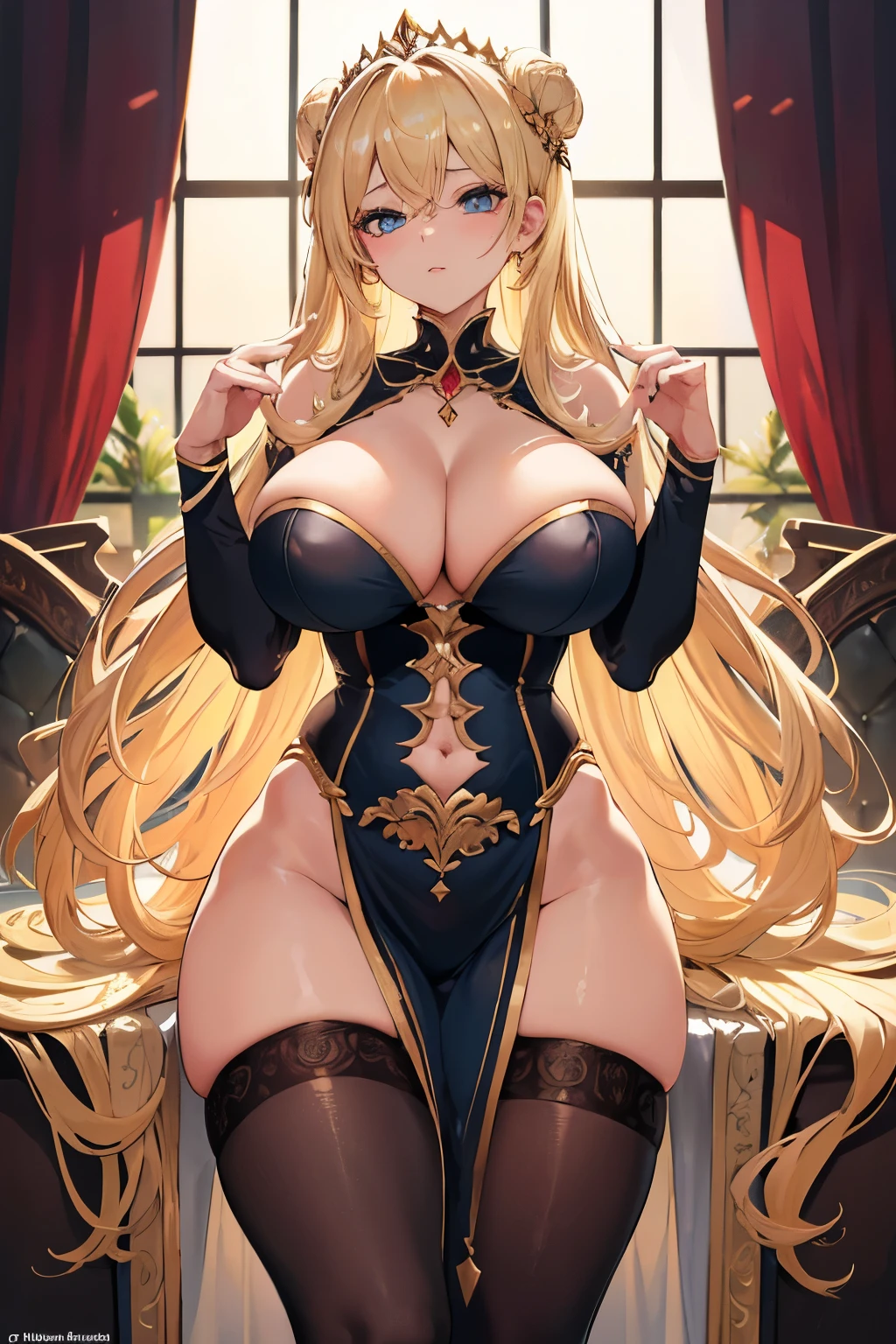 masterpiece, best quality, finely detailed, high resolution, extremely gorgeous and alluring, (goddess), (blonde), (gigantic breasts), pronounced cleavage, small waist, thigh-high stockings.

The goddess, with her golden locks cascading down her shoulders, stood before us, a vision of beauty and allure. Her breasts, large and voluptuous, were encased in the finest silk, proudly displayed with a striking cleavage that left us mesmerized. A small waist accentuated her curves, and she wore thigh-high stockings that reached up to her hips, adding an extra layer of sophistication and sex appeal to her already divine figure.