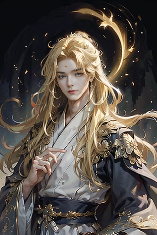 (extreamly delicate and beautiful:1.2), 8K, (tmasterpiece, best:1.0), , (LONG_blonde_HAIR_MALE:1.5), Upper body body, a long_haired male, cool and seductive, evil_gaze, wears white hanfu, and intricate detailing, and intricate detailing, finely eye and detailed face, Perfect eyes, Equal eyes, Fantastic lights and shadows、white room background、 Uses backlight and rim light