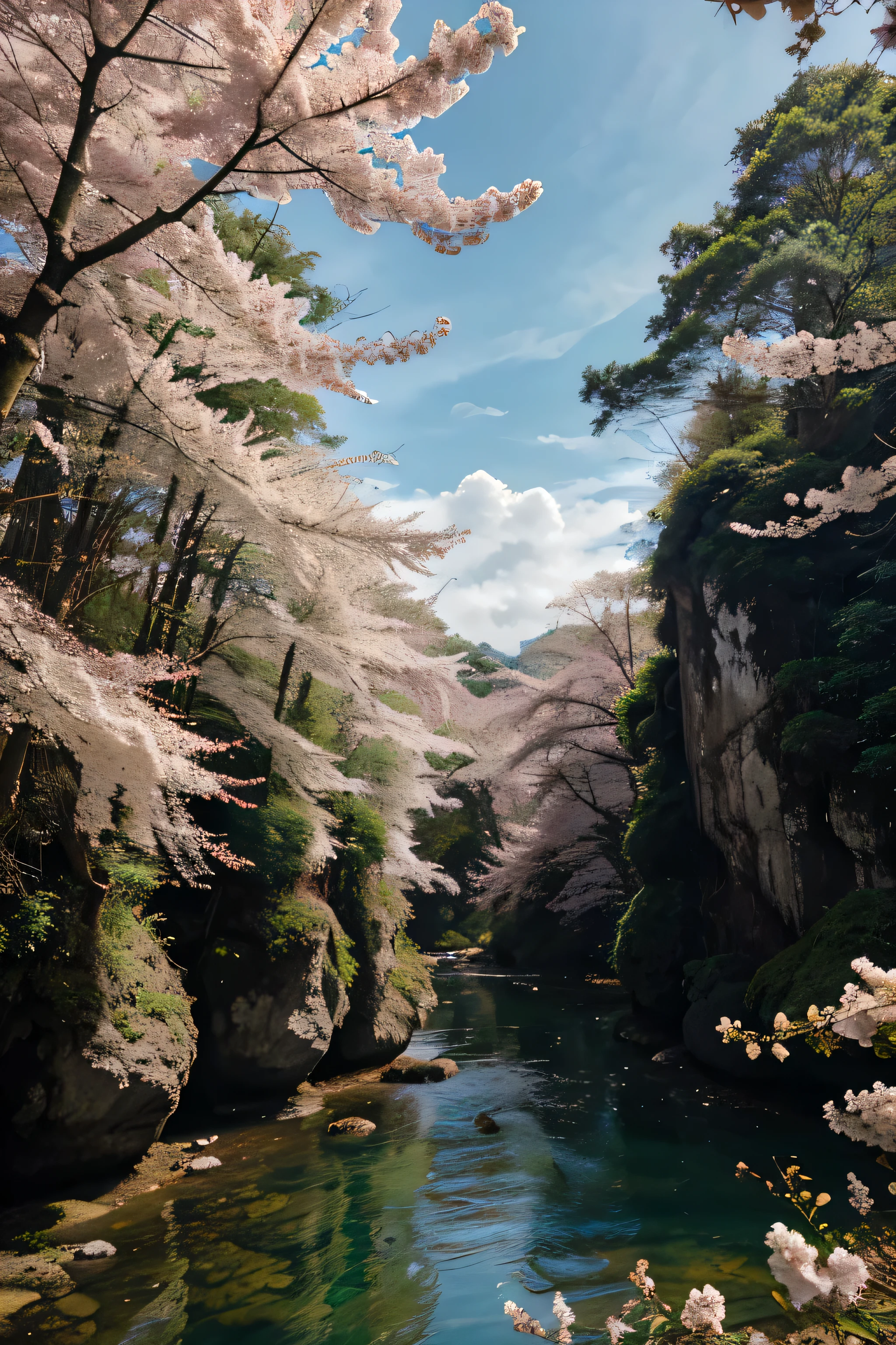 Desenhe um rio com uma pequena aldeia, anime linda cena de paz, Paisagem muito bonita, arte de paisagem, Detail of landscape art, arte digital muito linda, Beleza da Paisagem Natural, bela arte uhd 4k, fotos muito bonitas, natureza bela, papel de parede de paisagem, really natureza bela, linda arte digital, fundo bonito, cherry trees, estilo anime