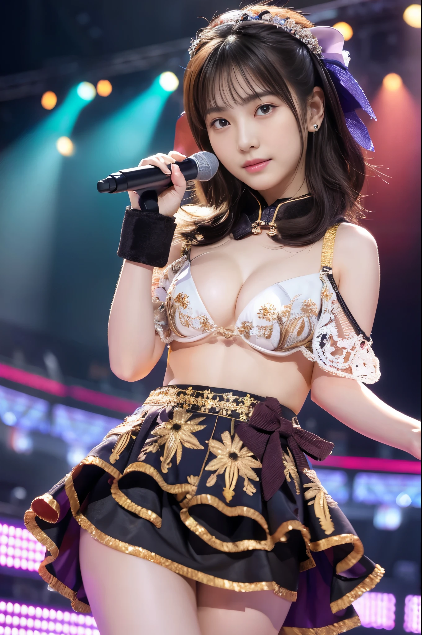 (RAW photo:1.2), (realistic), beautiful detailed girl, very detailed eyes and face, beautiful and fine eyes, huge file size, High resolution, very detailed, highest quality, [table top:1.6], figure, very detailed, small details, highest quality, 8k wallpaper, movie lighting,15 year old female idol group, She is taking off her idol costume on the stage of an idol concert., Spotlight, Idol costume shirt about to be taken off, naked, no top, nipples are visible,  small nipples, Skirt of idol costume half-taken off, embarrassed look, Because I&#39;m slender, young face, , immature body, changing clothes on stage, exposed nipples, have a microphone