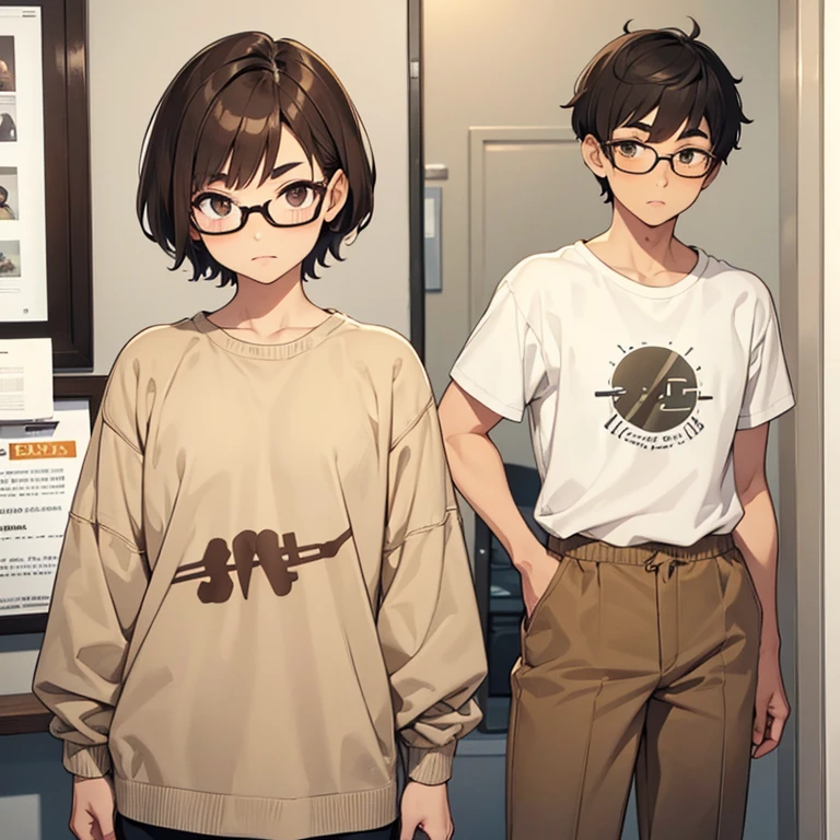 very short hair, brown hair, light skin, 1 boy, average physique, short hair, beige eyes, short eyebrows, very short eyebrows, thick eyebrows, casual clothing, glasses, young, anime