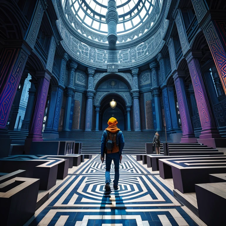 labyrinth, multiple_paths, divergent_narrative, escher_style, intricate_lines, illusory_perspective, vibrant_colors, contrasting_colors, maze, facial_expression_surprise, facial_expression_curiosity, bright_lighting, atmosphere_of_discovery, atmosphere_of_challenge