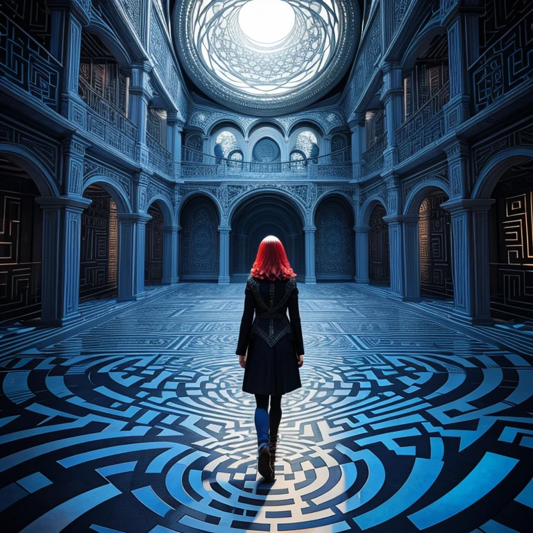 labyrinth, multiple_paths, divergent_narrative, escher_style, intricate_lines, illusory_perspective, vibrant_colors, contrasting_colors, maze, facial_expression_surprise, facial_expression_curiosity, bright_lighting, atmosphere_of_discovery, atmosphere_of_challenge