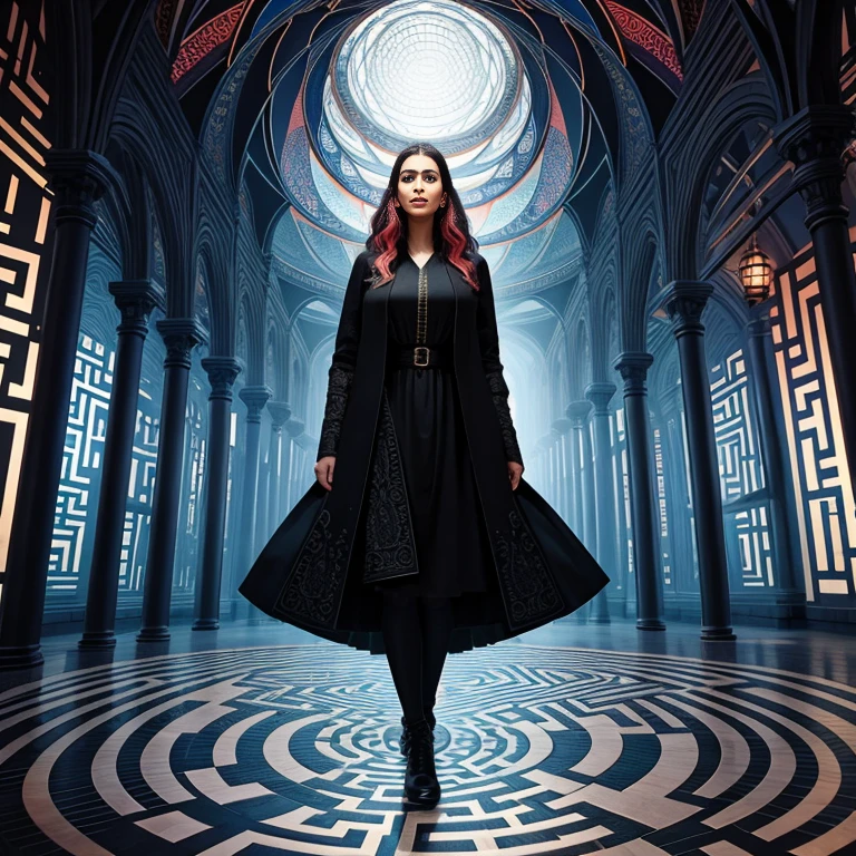 labyrinth, multiple_paths, divergent_narrative, escher_style, intricate_lines, illusory_perspective, vibrant_colors, contrasting_colors, maze, facial_expression_surprise, facial_expression_curiosity, bright_lighting, atmosphere_of_discovery, atmosphere_of_challenge