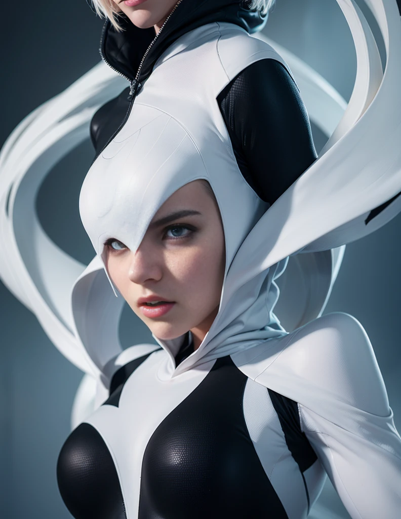 Ghost Spider, Gwen in a black costume with a white spider in the center of her chest, organic looking outfit, sticky forehead, symbiote, White eyes, Fine art, ,Highly detailed cinematic rendering, ultra photorealistic raytricing, With cinematic lighting、Daisy Ridley