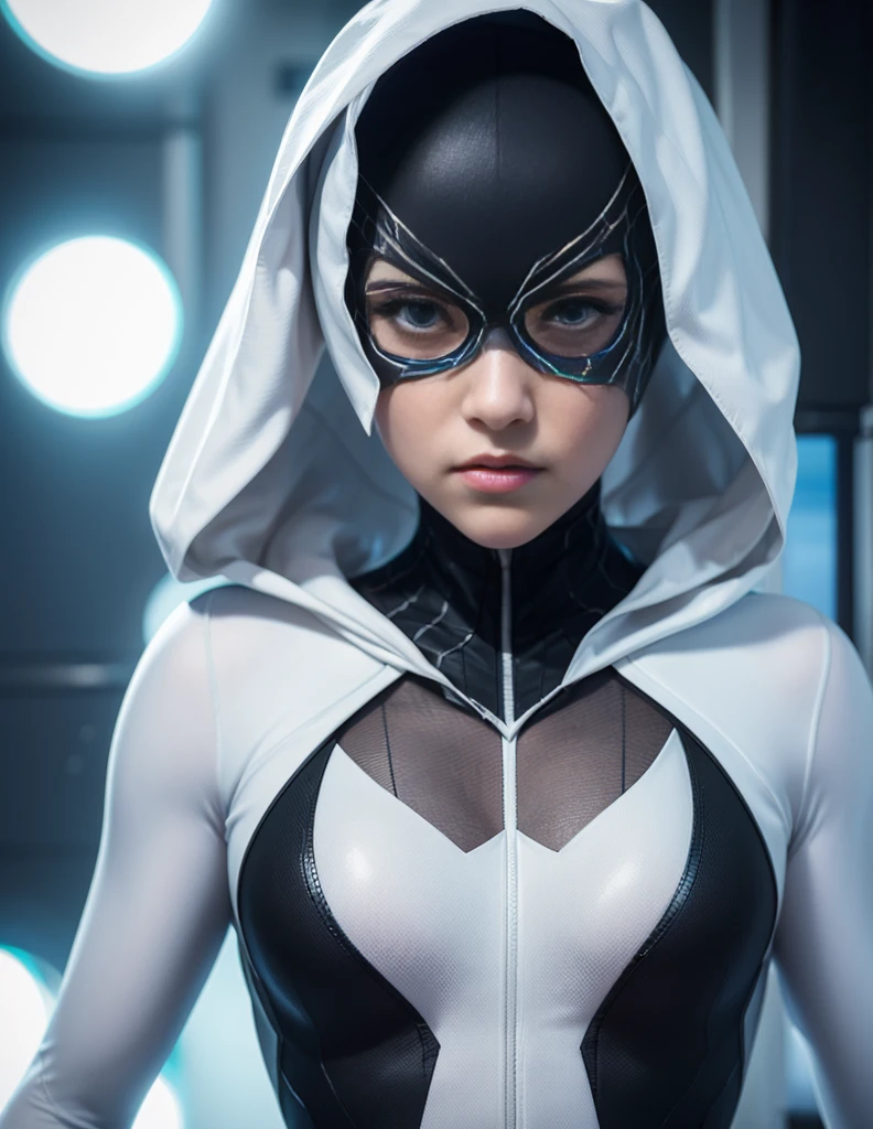 Ghost Spider, Gwen in a black costume with a white spider in the center of her chest, organic looking outfit, sticky forehead, symbiote, White eyes, Fine art, ,Highly detailed cinematic rendering, ultra photorealistic raytricing, With cinematic lighting、Daisy Ridley