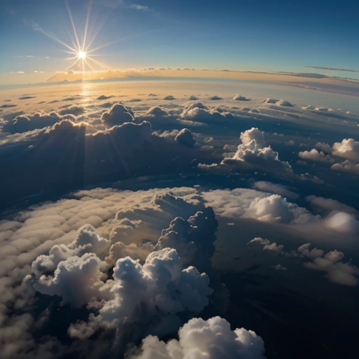 The perspective is in the sea of clouds，Morning feeling，dive in god, Blue and white clouds，extreme hight detail，You can see a corner of the sun, pray surreal 