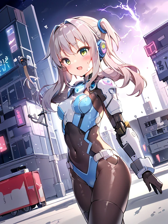 ((masterpiece:1.4、highest quality))+、(super detailed)+、
1 girl、cyberpunk city、flat chest、headphone、wavy hair、mecha clothes、(robot girl)、Cool move、Silver Bodysuit、colorful background、Wet day、(lightning effect)、Silver Dragon Armor、(cold face)、cowboy shot、pretty girl
