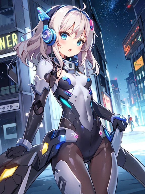 ((masterpiece:1.4、highest quality))+、(super detailed)+、
1 girl、cyberpunk city、flat chest、headphone、wavy hair、mecha clothes、(robot girl)、Cool move、Silver Bodysuit、colorful background、Wet day、(lightning effect)、Silver Dragon Armor、(cold face)、cowboy shot、pretty girl