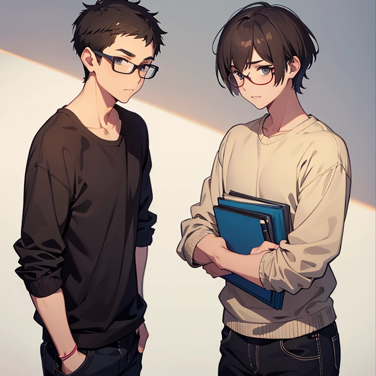 very short hair, brown hair, light skin, 1 boy, man, average physique, short hair, beige eyes, short eyebrows, very short eyebrows, thick eyebrows, casual clothing, glasses, young, anime