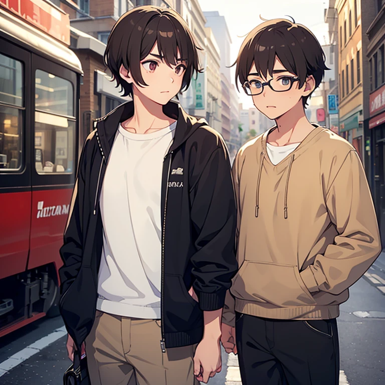 very short hair, brown hair, light skin, 1 boy, man, average physique, short hair, beige eyes, short eyebrows, very short eyebrows, thick eyebrows, casual clothing, glasses, young, anime