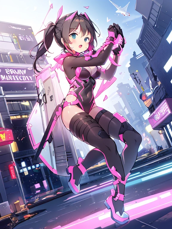 Extreme detail,masterpiece,futuristic city,girl with (energy shield):1.3,tight-fitting bodysuit,protecting herself from danger,using shield in battle,futuristic buildings,flying cars,shield growing brighter,repelling invader