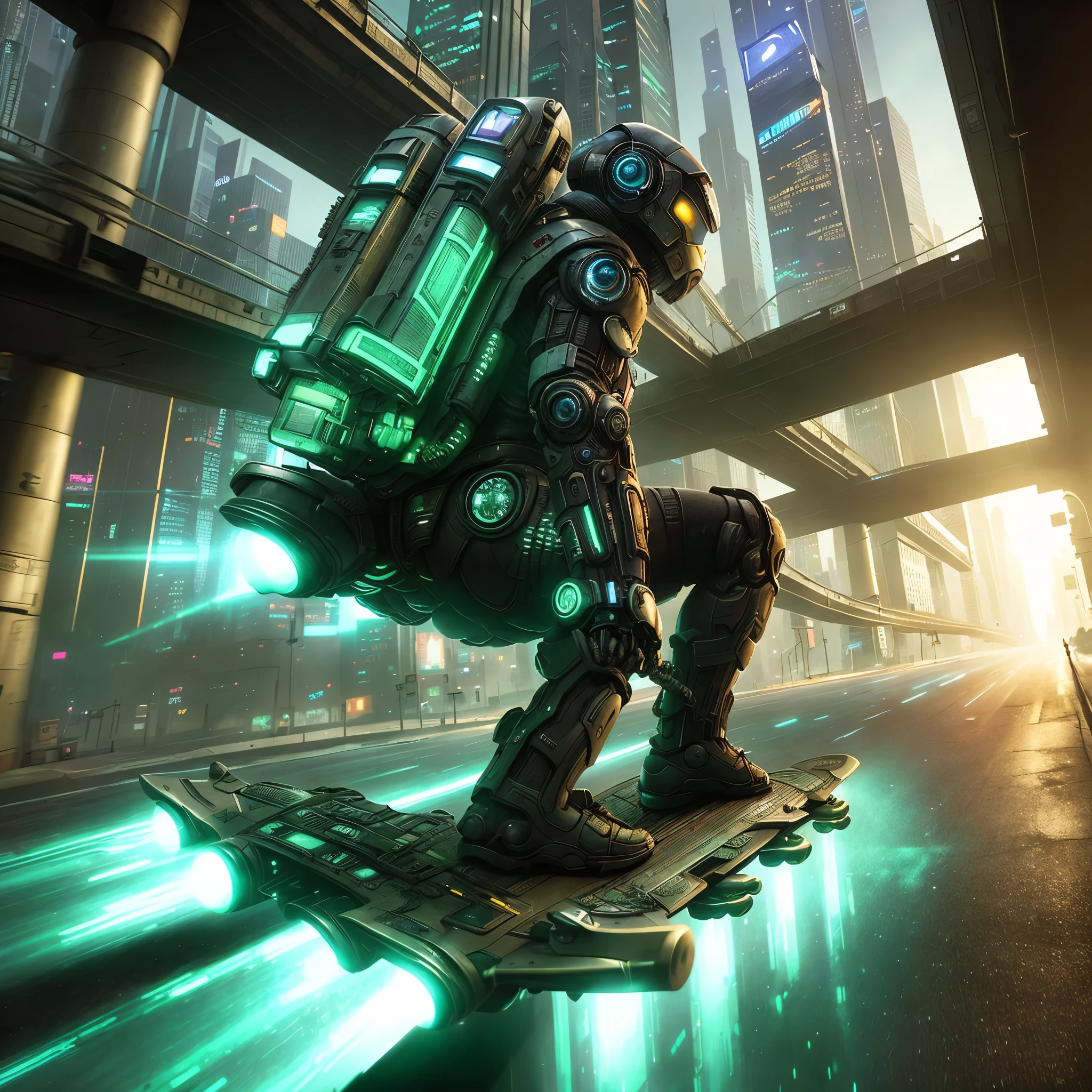 arafed man riding a skateboard on a city street, advanced digital cyberpunk art, sci-fi digital art, cyber steampunk 8 k 3 d, sitting on cyberpunk motorbike, sci fi epic digital art, sci-fi digital painting, hyper-realistic cyberpunk style, beautiful 3 d concept art, master chief in cyberpunk city, 3 d scifi art