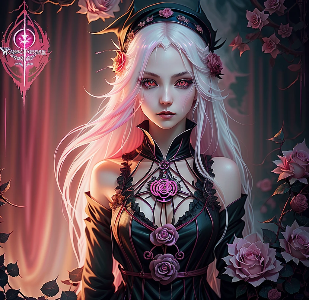 anime Vampire witch girl, long white hair, gothic style, roses in hair,dark black eyelashes ,glowing pink eyes, digital illustration, comic style, gothic renaissance, centered, approaching perfection, dynamic, highly detailed, watercolor painting, artstation, concept art, smooth, sharp focus, illustration, art by wlop and ross tran, pink and red tetradic colors