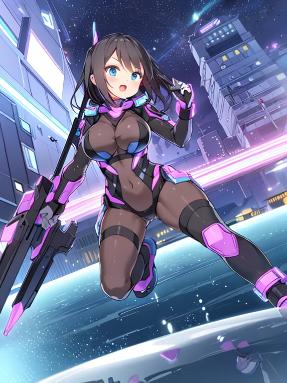 Extreme detail,masterpiece,futuristic city,girl with (energy shield):1.3,tight-fitting bodysuit,protecting herself from danger,using shield in battle,futuristic buildings,flying cars,shield growing brighter,repelling invader
