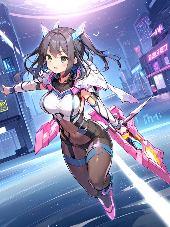 Extreme detail,masterpiece,futuristic city,girl with (energy shield):1.3,tight-fitting bodysuit,protecting herself from danger,using shield in battle,futuristic buildings,flying cars,shield growing brighter,repelling invader